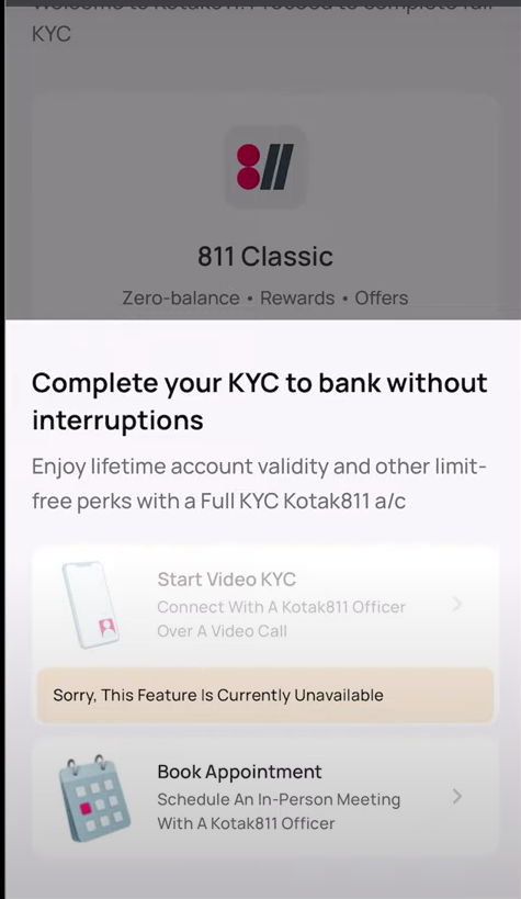 kotak 811 kyc complation through vedio and home steps image